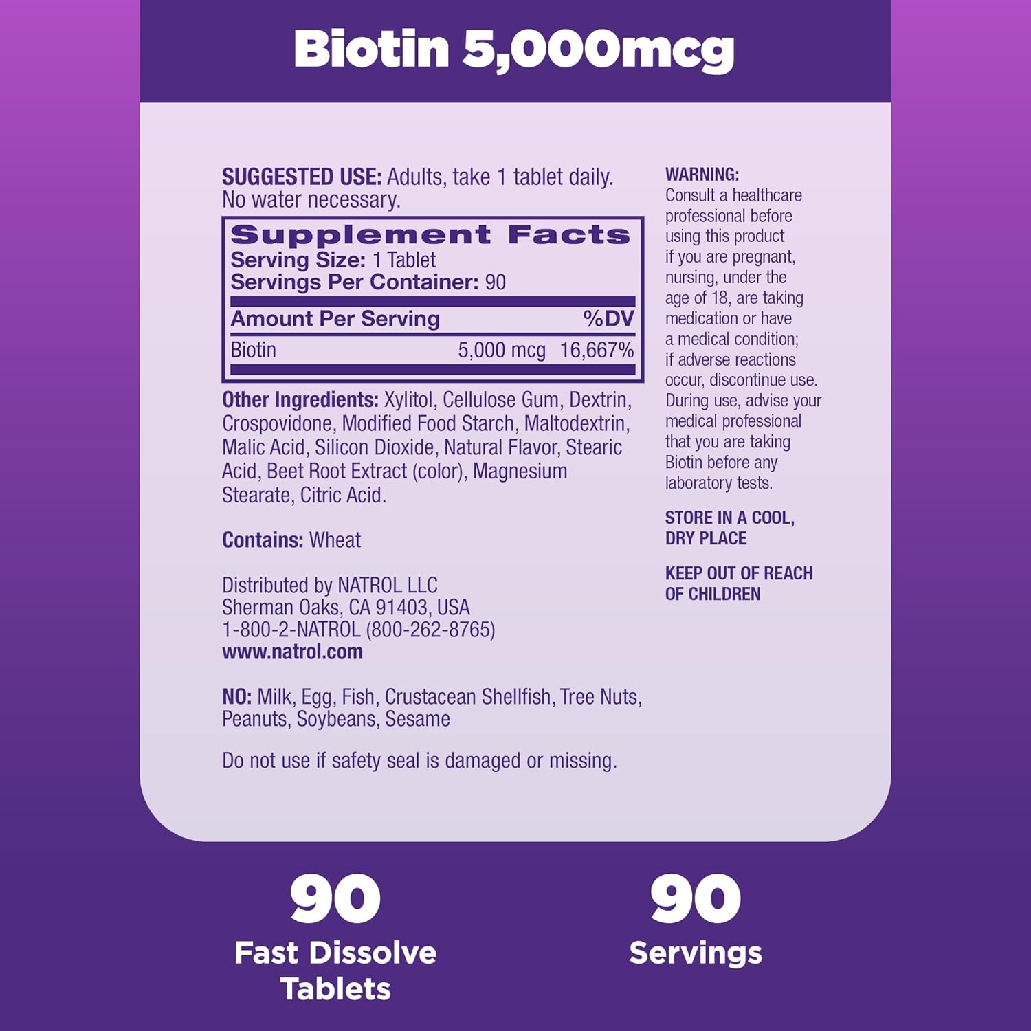 Natrol Beauty Biotin 5000mcg, Dietary Supplement for Healthy Hair, Skin, Nails and Energy Metabolism, 90 Strawberry-Flavored Fast Dissolve Tablets, 90 Day Supply : Health & Household