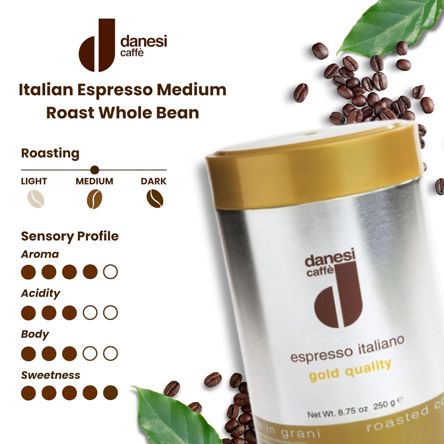 Danesi Caffe Italian Whole Coffee Beans - Espresso Coffee Beans And Medium Roast Whole Bean - Perfect For Espresso Machines, French Press, And Home Brewing - Gold (8.75 Lb)