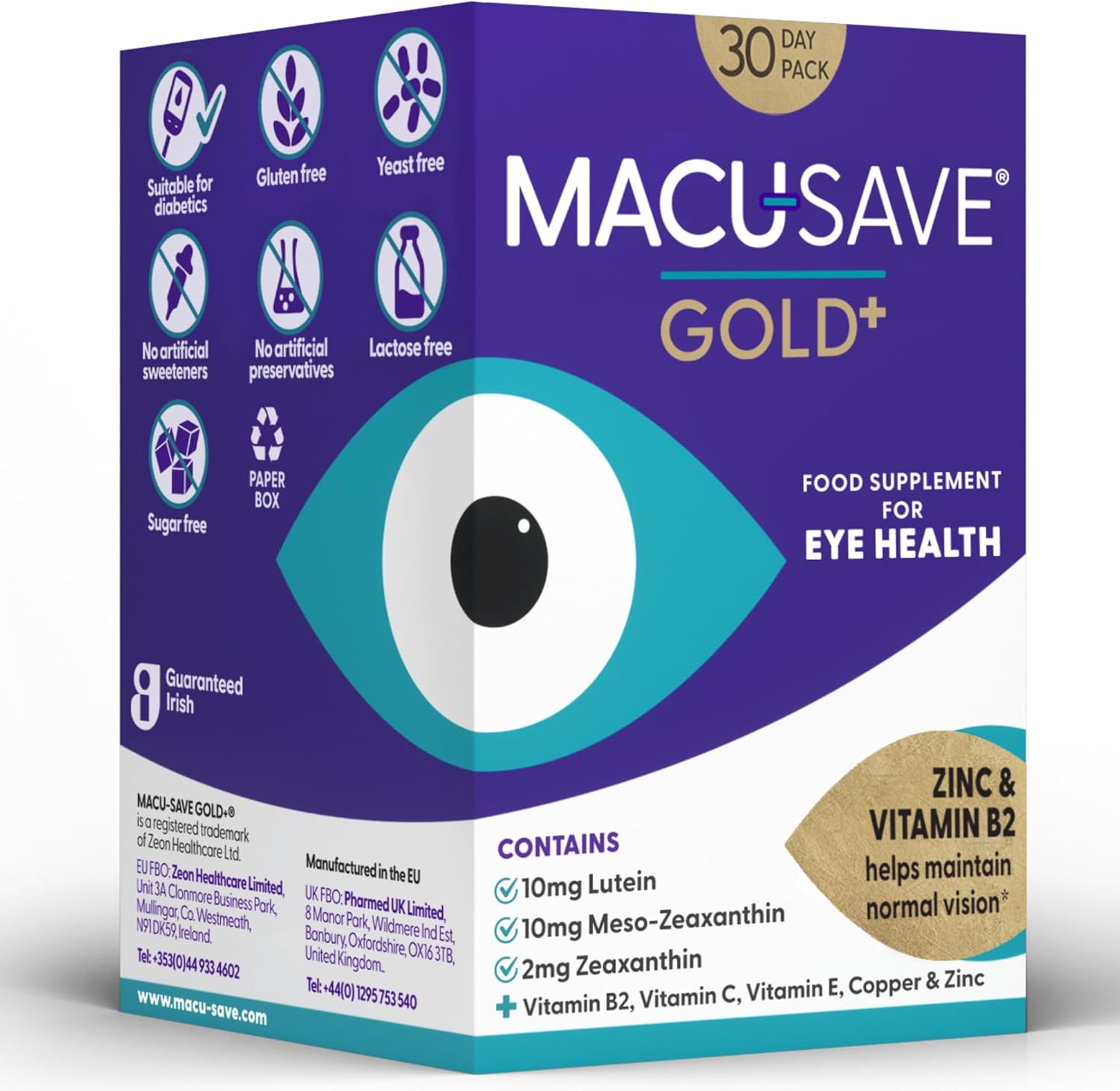 Macu-Save Gold+ Food Supplement With Meso-Zeaxanthin/Lutein And Zeaxanthin - 30 Day Pack (90 Capsules, 3 Capsules Per Day)