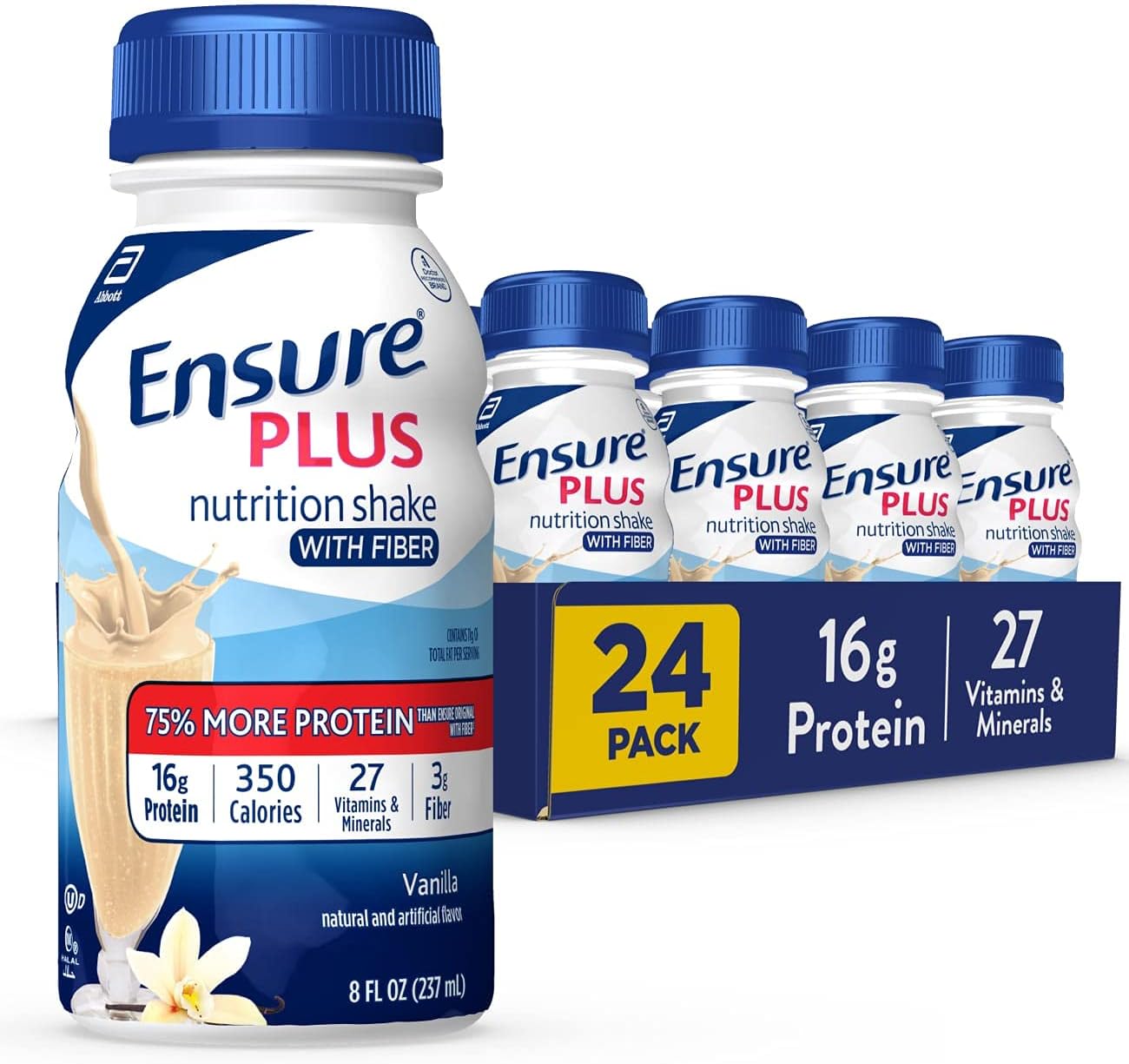 Ensure Plus Vanilla Nutrition Shake With Fiber, Meal Replacement Shake, 24 Pack