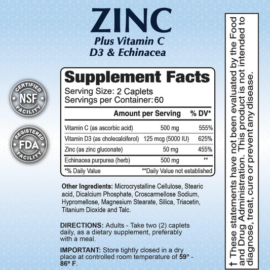 Zinc + Vitamin C, D & Echinacea Powerful Formula - Immune Support - Enhanced Absorption - 120 Caplets