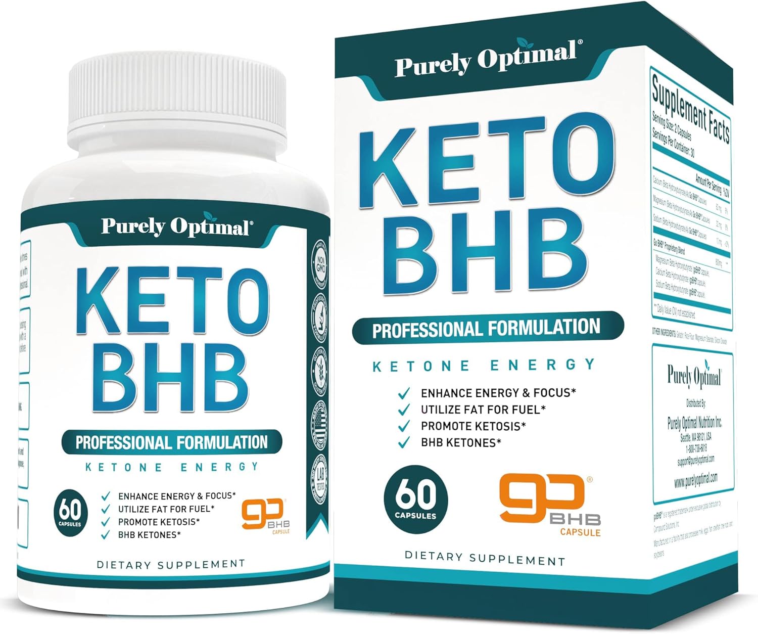 Purely Optimal Keto BHB Exogenous Ketones Supplement - Keto Diet Pills for Ketosis, Energy, Focus, Metabolism - for Women and Men, Gluten-Free, 60 Capsules