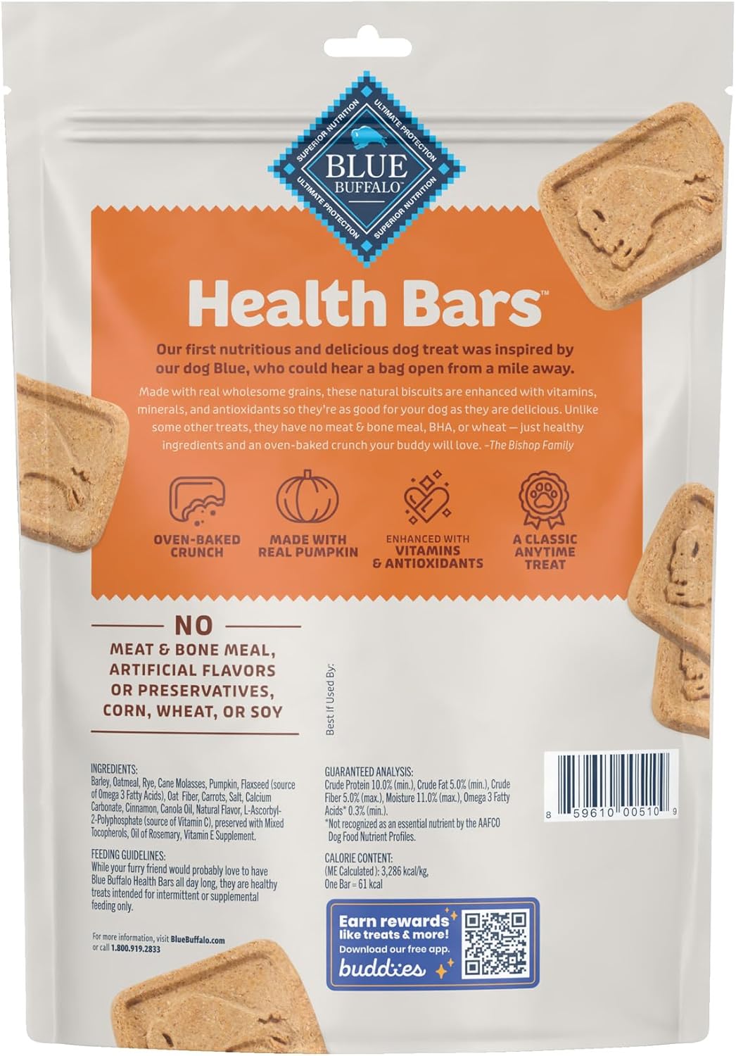 Blue Buffalo Health Bars Crunchy Dog Biscuits, Oven-Baked With Natural Ingredients, Pumpkin & Cinnamon, 16-oz. Bag