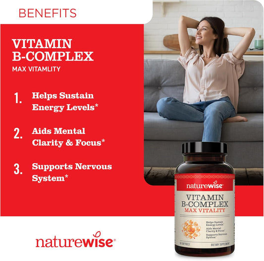 Naturewise Vitamin B Complex For Women And Men - With Folic Acid Biotin B1 B2 B3 B6 B12 - Support Cellular Energy & Mental Clarity - Gluten Free, Non-Gmo, Dairy Free - 60 Softgels[2-Month Supply]