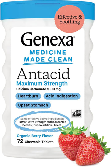 Genexa Antacid Maximum Strength Chewable Tablets | Calcium Carbonate Acid Reducer Relief For Heartburn, Acid Indigestion, & Upset Stomach | Delicious Organic Berry Flavor | 72 Tablets