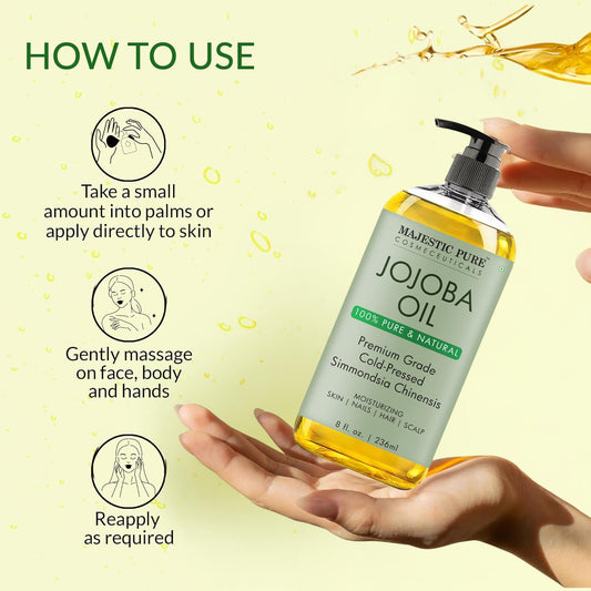 Majestic Pure Jojoba Oil | 100% Pure Jojoba Oil For Skin, Hair, Scalp, Nails, Face | Cold Pressed & Hexane Free | Hair & Body Oil | 8 Fl Oz