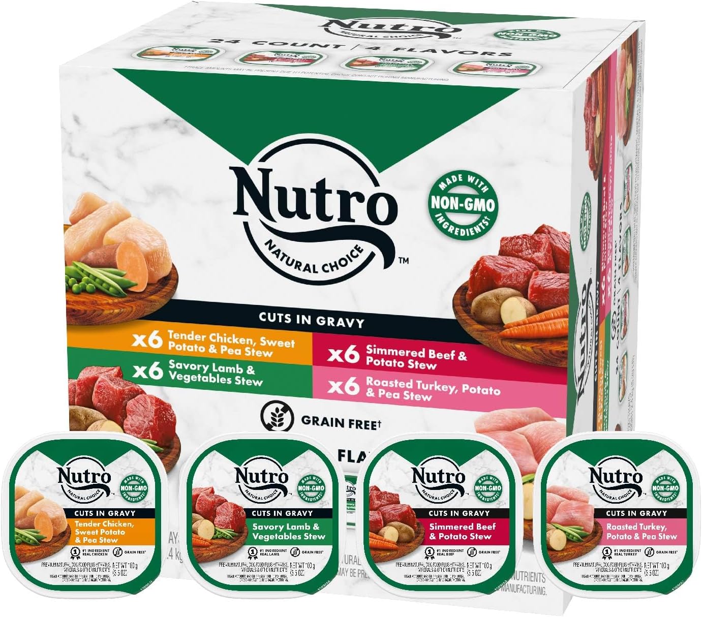 Nutro Adult Natural Grain Free Wet Dog Food Cuts In Gravy Beef Recipe, Lamb Recipe, Chicken Recipe, And Turkey Recipe Variety Pack, 3.5 Oz. Trays (Pack Of 24)