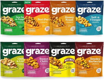 Graze - Savoury Snacks Selection Box - Healthy Snacks Alternative To Crisps, Mixed Nuts & Pretzels -Marmite, Sweet Chilli, Bbq, Chilli&Lime, Peri Peri, Salt&Pepper, Salt&Vinegar, Honey Roast- 8X100G