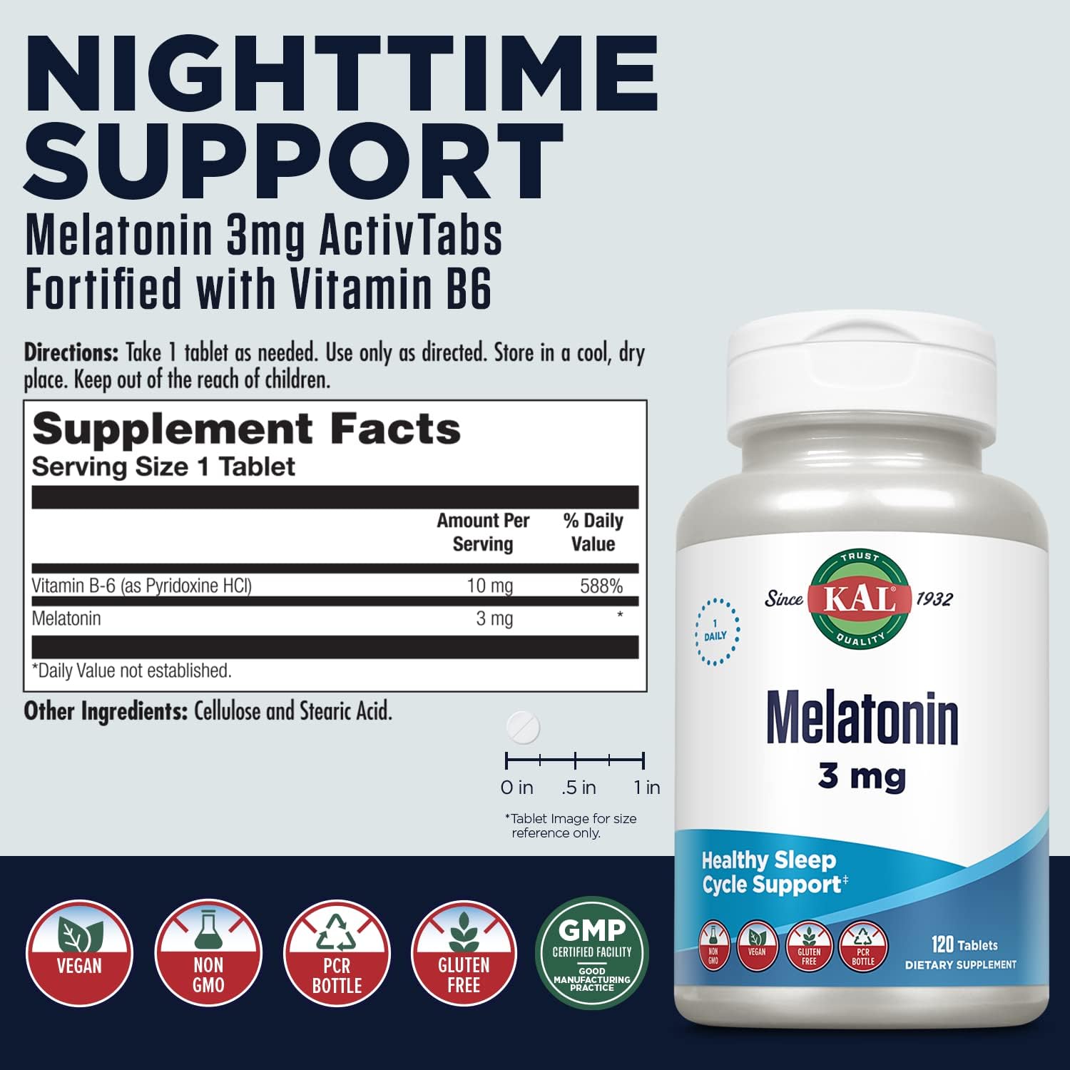 KAL Melatonin 3mg Sleep Aid, Fast Dissolve Melatonin Tablets, Calming Relaxation and Healthy Sleep Cycle Support, with Added Vitamin B6, Vegan, Gluten Free, Non-GMO, 120 Servings, 120 ActivTabs