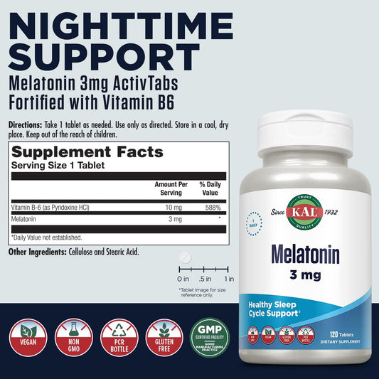 Kal Melatonin 3Mg Sleep Aid, Fast Dissolve Melatonin Tablets, Calming Relaxation And Healthy Sleep Cycle Support, With Added Vitamin B6, Vegan, Gluten Free, Non-Gmo, 120 Servings, 120 Activtabs