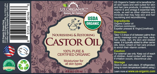 US Organic Castor Oil, USDA Certified Organic, Expeller Pressed, Hexane Free, Pure & Natural moisturizing and emollient properties, For Skin, Hair Care, Eyelashes, DIY projects (4 oz (115 ml))