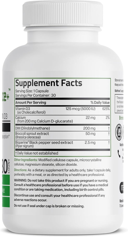 Bronson Dim Balance+ Calcium D-Glucarate, Broccoli Sprouts And Vitamin D3 200 Mg Of Dim Per Capsule Supports Estrogen Metabolism And Balanced Hormone Levels Non-Gmo, 30 Vegetarian Capsules