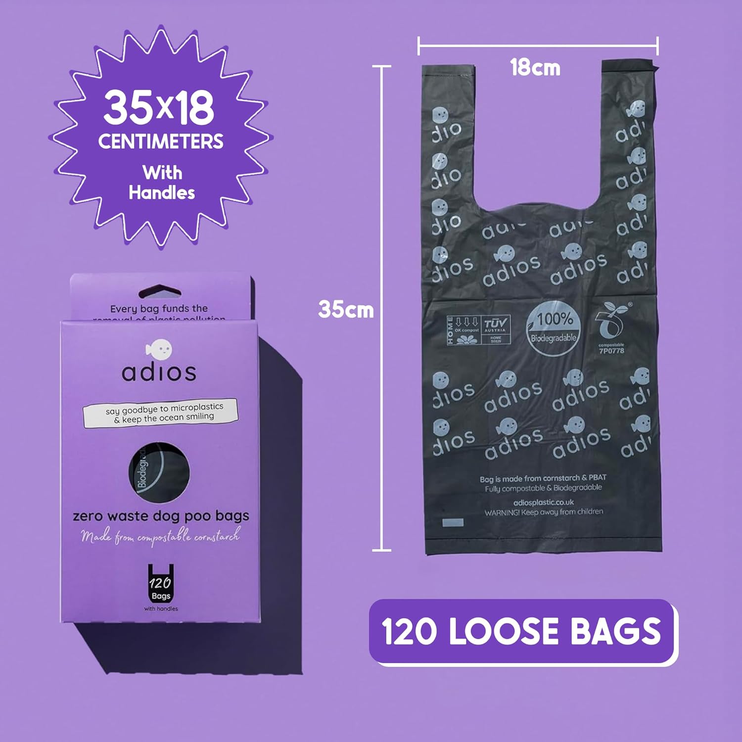 Adios Plastic Home Compostable Dog Poop Bags Loose Bags With Handles - Extra Thick Leakproof Dog Waste Bags - Made of Cornstarch - Unscented & Easy to Open - 1 count (Pack of 120) : Amazon.co.uk: Pet Supplies