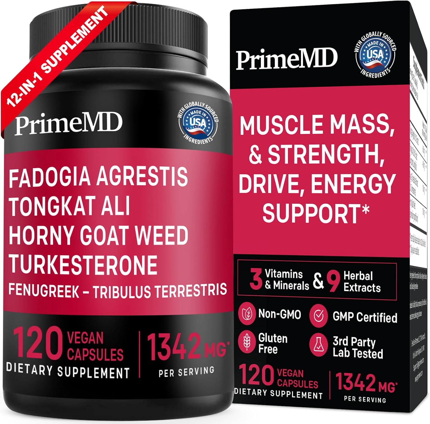 12-in-1 Testosterone Supplement for Men - Fadogia Agrestis and Tongkat Ali for Men with Horny Goat Weed - Men's Health Supplement For Overall Male Well-being with 1342mg Per Serving (120 capsules)