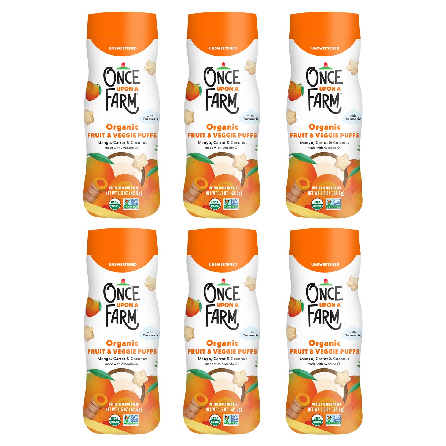 Once Upon A Farm Organic Baby Fruit & Veggie Puffs, Mango, Carrot & Coconut | 6 Count