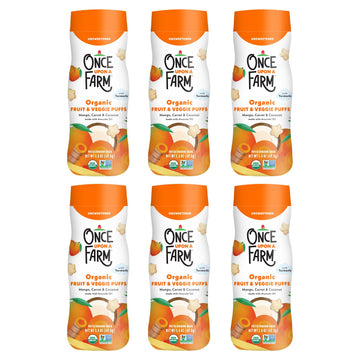 Once Upon A Farm Organic Baby Fruit & Veggie Puffs, Mango, Carrot & Coconut | 6 Count