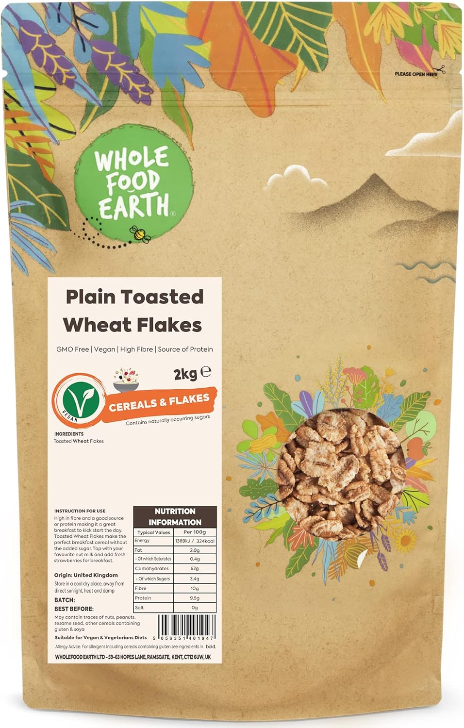 Wholefood Earth Plain Toasted Wheat Flakes 2 Kg | Gmo Free | High Fibre | Source Of Protein