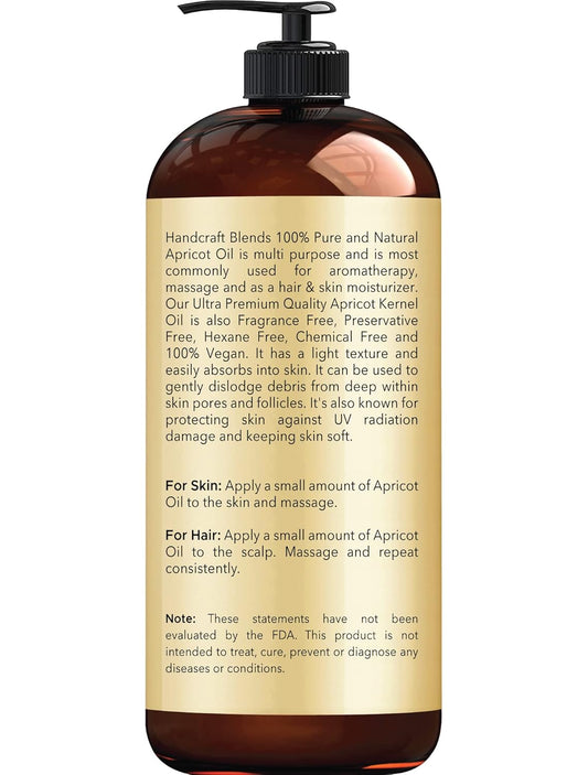 Handcraft Blends Apricot Kernel Oil - Cold-Pressed 16 Fl Oz - 100% Pure And Natural - Premium Grade Carrier For Skin And Hair - Hair And Body - Massage - Hexane-Free