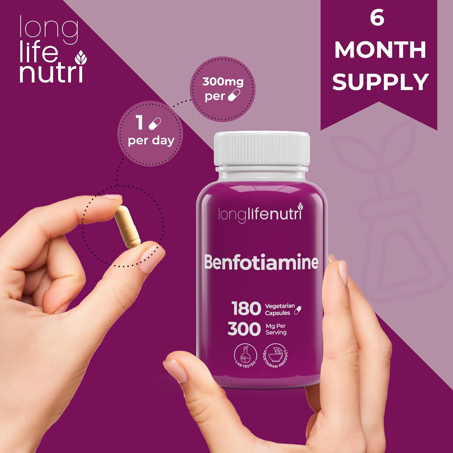 Longlifenutri Benfotiamine 300Mg – 180 Vegetarian Capsules, 6-Month Supply, Fat-Soluble B1 Thiamine Supplement For Energy And Wellness, Lab Tested, Made In Usa : Health & Household