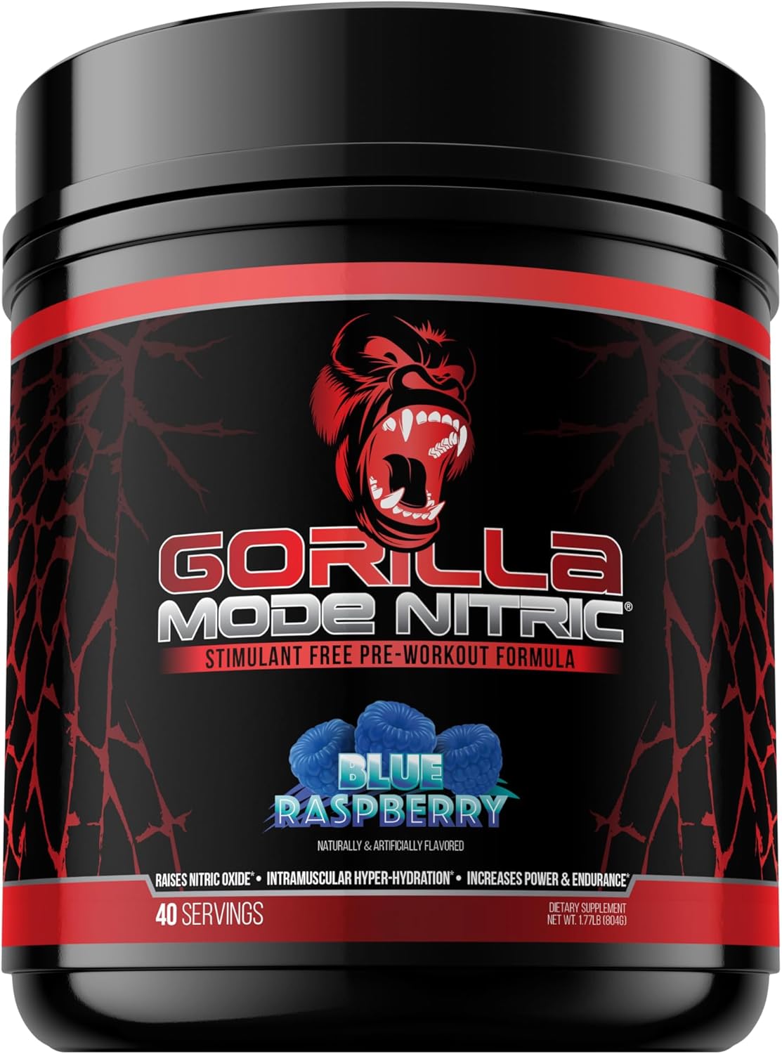 Gorilla Mode Nitric Upgraded Stimulant Free Pre-Workout – Best Tasting And Most Effective Stimulant Free Pre-Workout/Massive Pumps · Vasodilation · Power / 804 Grams (Blue Raspberry)