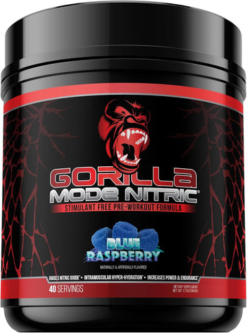 Gorilla Mode Nitric Upgraded Stimulant Free Pre-Workout – Best Tasting And Most Effective Stimulant Free Pre-Workout/Massive Pumps · Vasodilation · Power / 804 Grams (Blue Raspberry)