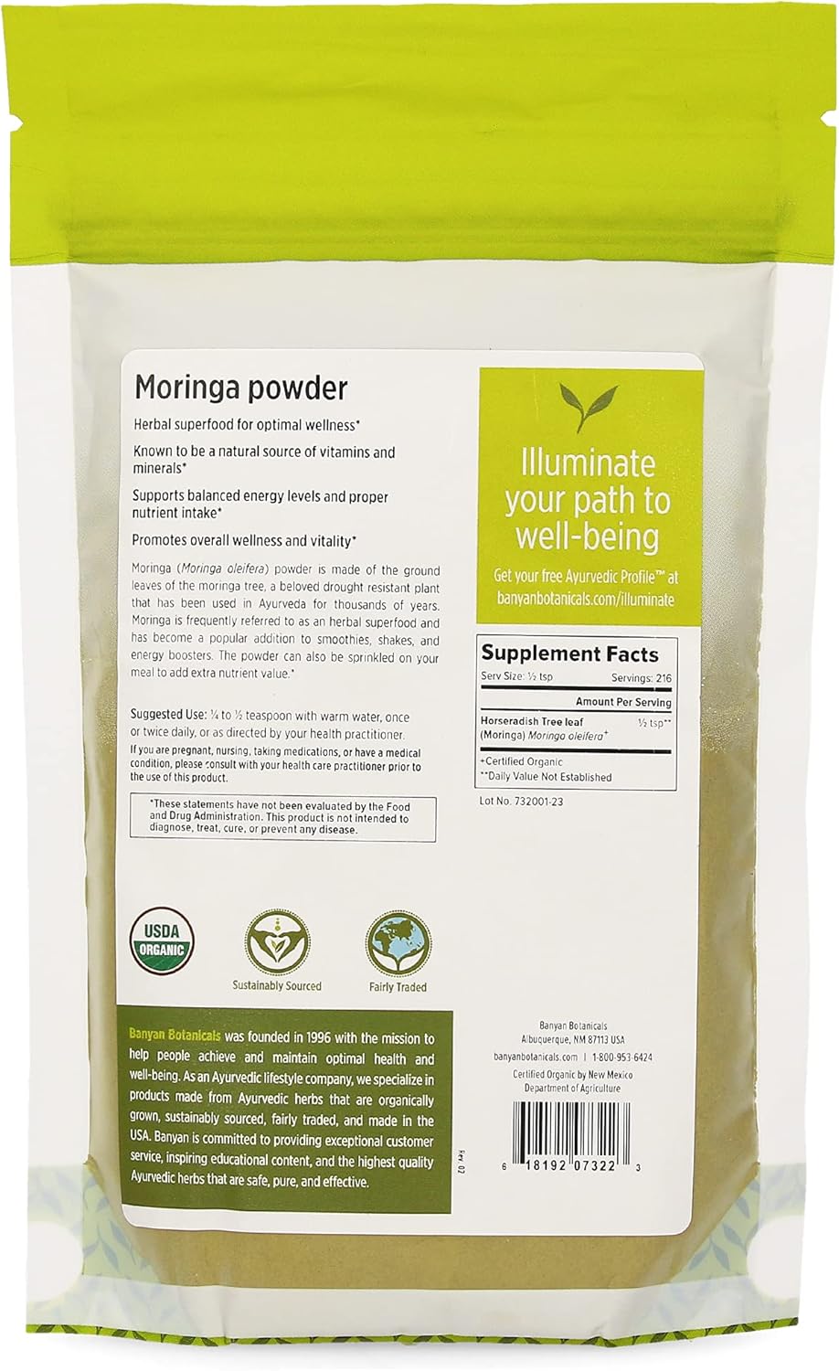 Banyan Botanicals Moringa Leaf Powder - USDA Certified Organic - Moringa Oleifera - Sun Dried - Raw Herbal Superfood - Natural Energy Boost for Optimal Wellness