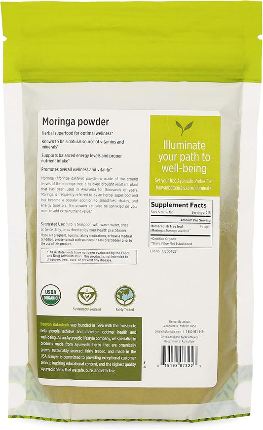 Banyan Botanicals Moringa Leaf Powder - USDA Certified Organic - Moringa Oleifera - Sun Dried - Raw Herbal Superfood - Natural Energy Boost for Optimal Wellness