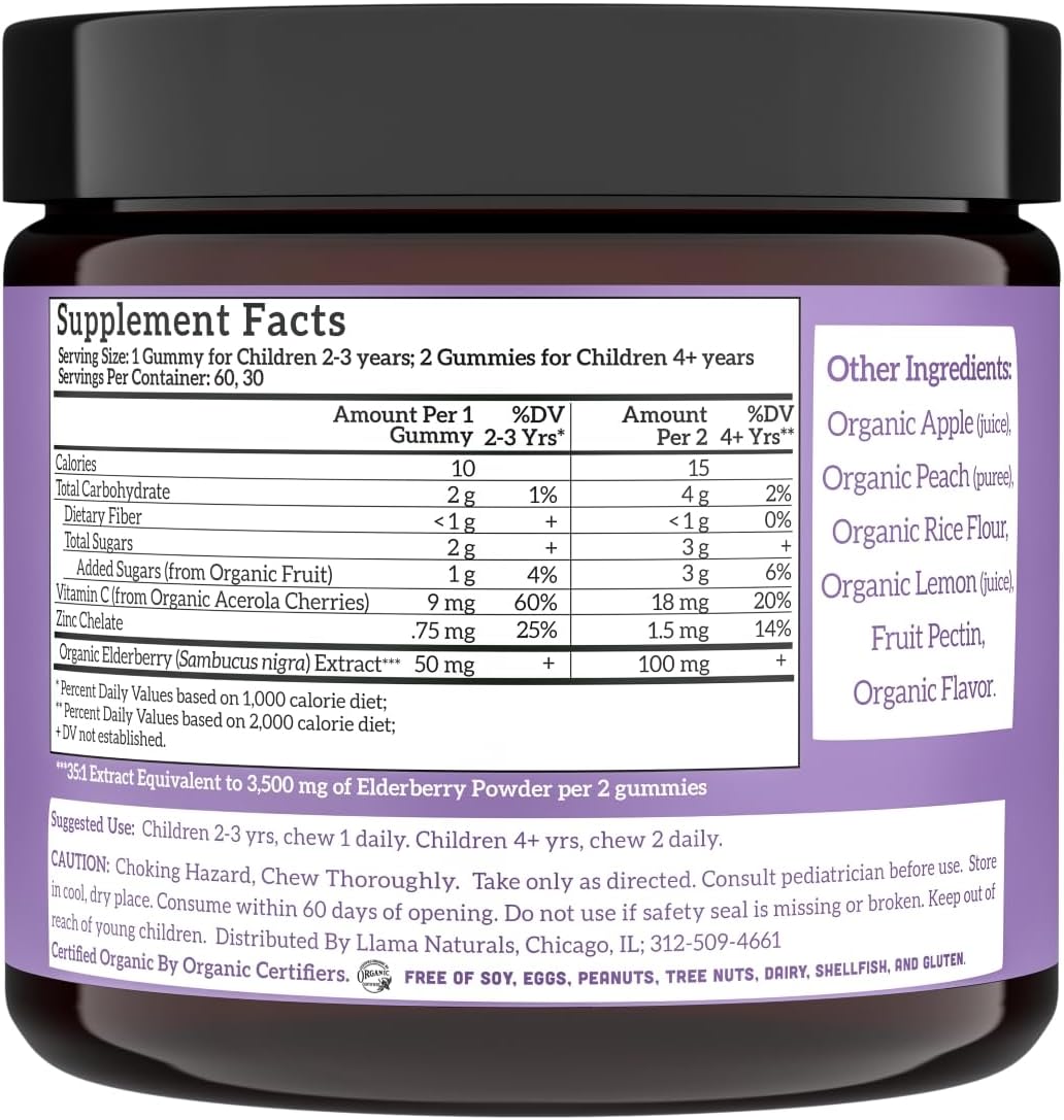 Llama Naturals Real Fruit Sambucus Elderberry Gummies for Kids | No Added Sugar Cane, Vegan, Organic Toddler Immune Support | Zinc & Natural Vitamin C | Children Immunity Boost | 60 ct (30 Days) : Health & Household