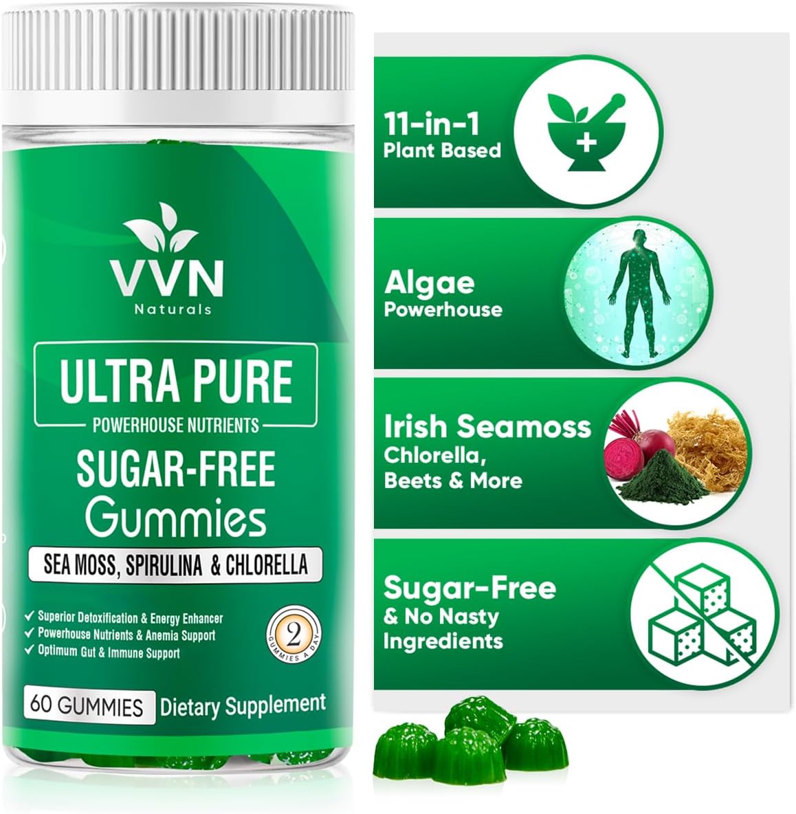 Sugar Free Irish Sea Moss Gummies Cracked Cell Wall Chlorella, Spirulina |For Immune, Detox, Joint Support Alkaline Supplement, Keto- Gut For Women & Men| Non-Gmo|Usa Made -60 Vegan Gummies