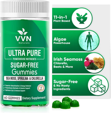Sugar Free Irish Sea Moss Gummies Cracked Cell Wall Chlorella, Spirulina |For Immune, Detox, Joint Support Alkaline Supplement, Keto- Gut For Women & Men| Non-Gmo|Usa Made -60 Vegan Gummies