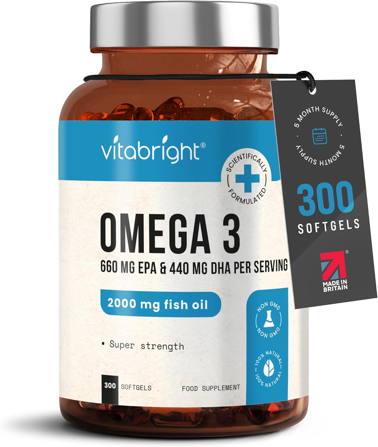 Omega 3 Capsules High Strength Fish Oil 2000mg, 300 Soft Gels Super Strength Omega 3 Fish Oil, x2 1000mg Capsules per day, 660mg EPA & 440mg DHA Supplements, VitaBright Omega 3 Fatty Acids Supplements