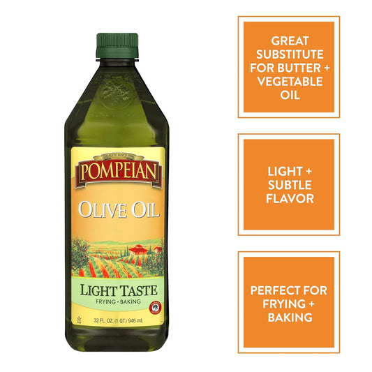 Pompeian Light Taste Olive Oil, Subtle Flavor, Perfect For Frying & Baking, Naturally Gluten Free, Non-Allergenic, Non-Gmo, 32 Fl. Oz