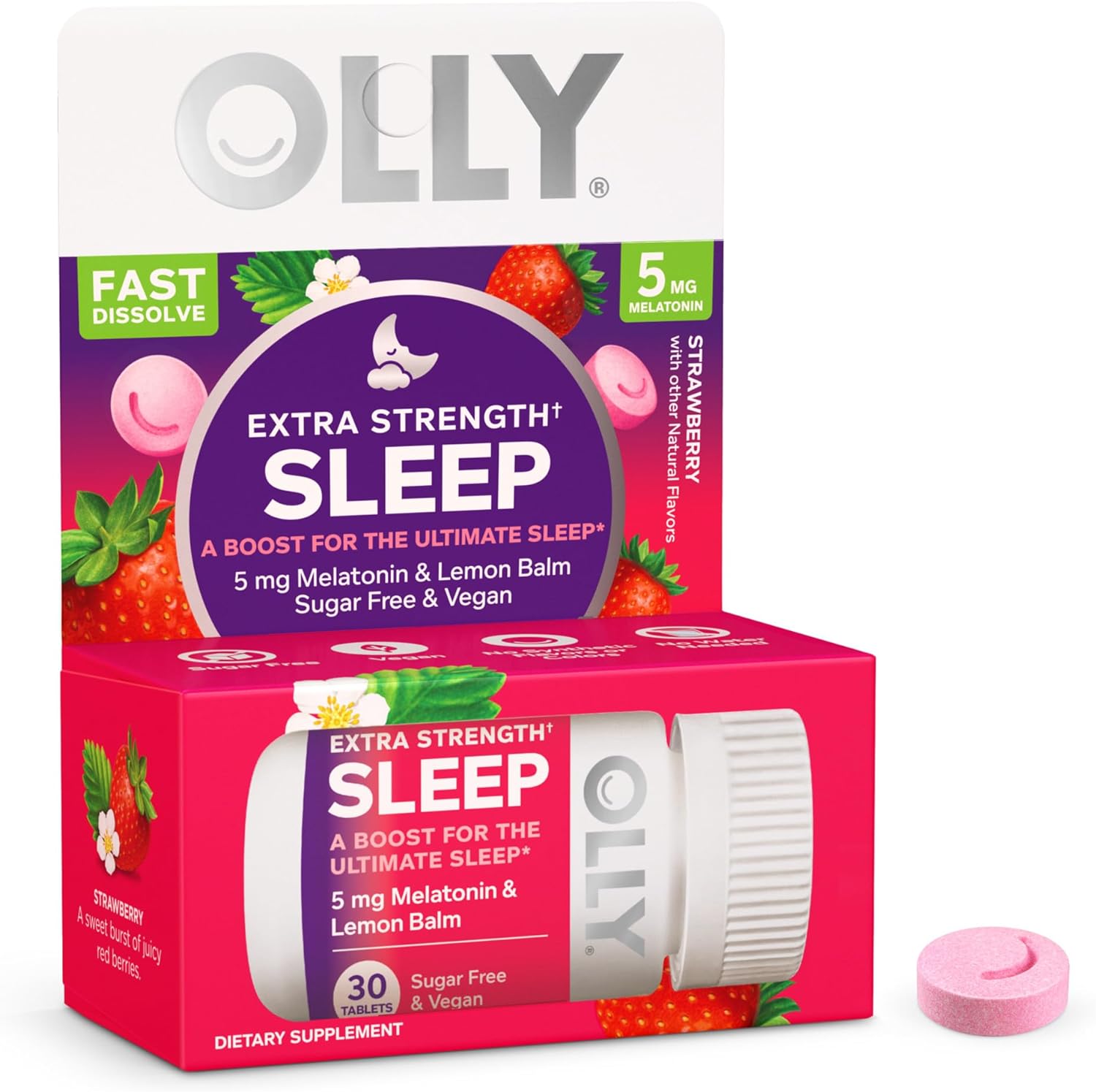 OLLY Extra Strength Sleep Fast Dissolve Tablets, 5mg Melatonin, Vegan, Strawberry - 30ct