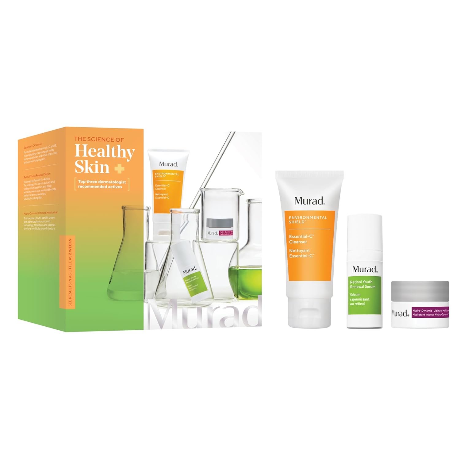 Murad Top 3 Derm-Recommended Actives - 3-Piece Trial Kit (61 Value) - Daily Skincare Regimen - Ess-C Cleanser 2Fl Oz, Retinol Serum 0.33Fl Oz, Hydro Dynamic Moisturizer 0.25Fl Oz