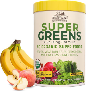 Country Farms Super Greens Apple Banana Flavor, 50 Organic Super Foods, Usda Organic Drink Mix, Fruits, Vegetables, Super Greens, Mushrooms & Probiotics, Supports Energy, 20 Servings, 10.6 Oz