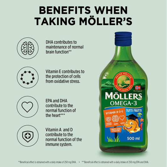 Moller’s ® | Omega 3 for kids Cod Liver Oil | Nordic Omega-3 Dietary Supplements with EPA, DHA, Vitamin A, D & E | Pure, Natural cod Liver Oil Liquid | 166-year-old-brand | Tutti Frutti Taste | 500 ml