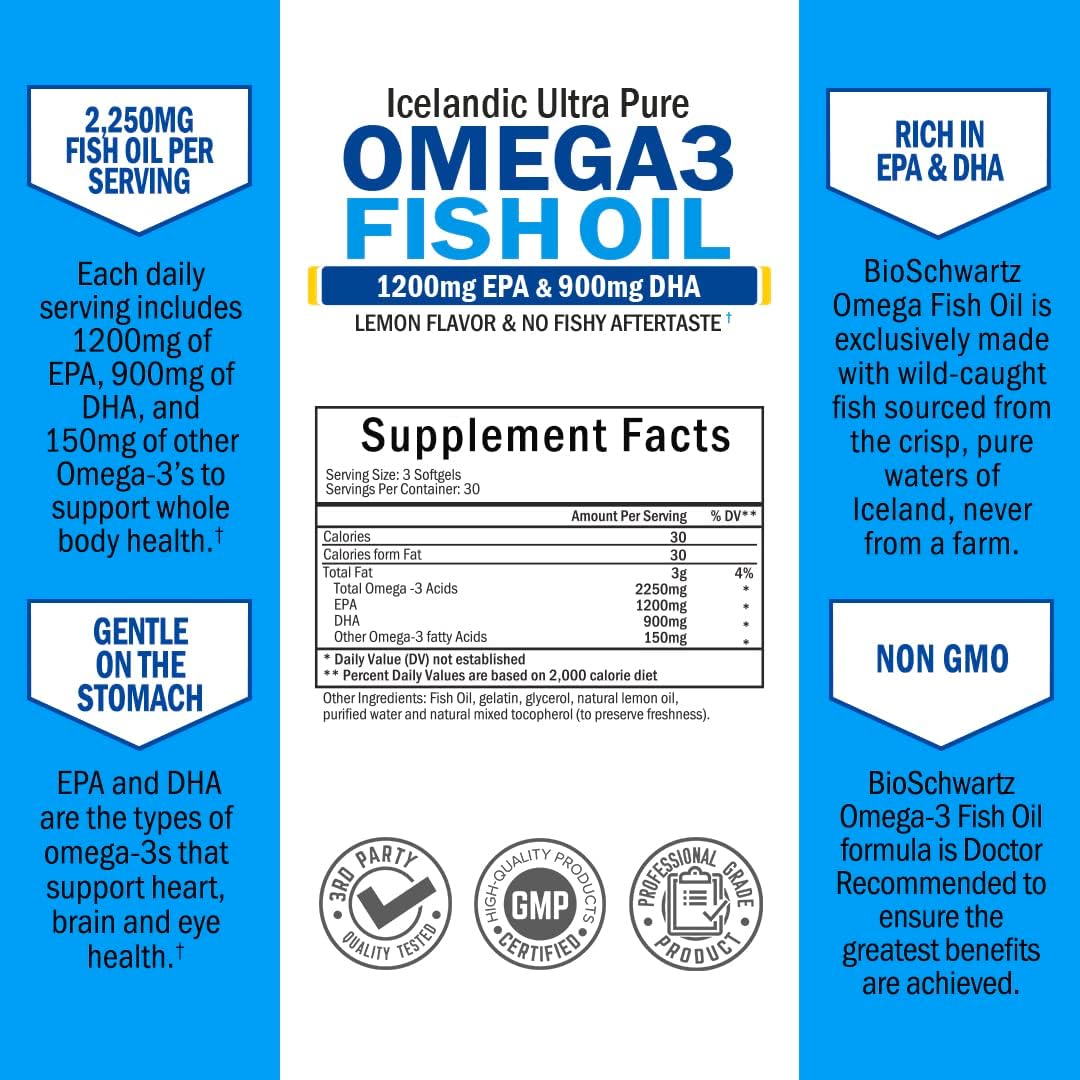 Omega 3 Fish Oil Supplement - 1200mg EPA and 900mg DHA Fatty Acid Per Serving - Supports Joint, Eyes, Brain & Skin Health - Burpless Lemon Flavor, Gluten-Free, 90 Softgels (Packaging May Vary) : Health & Household