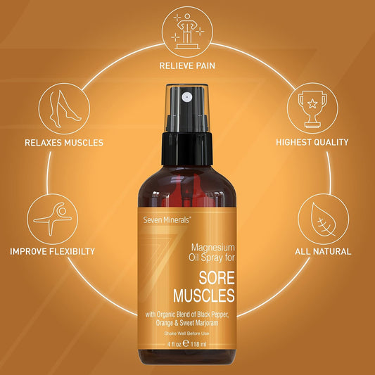 Sore Muscle Relief Magnesium Spray - Made In Usa - Powerful Blend Of Essential Oils (Black Pepper, Orange, Sweet Marjoram) - For Cramps, Stiffness & More (4 Fl Oz)