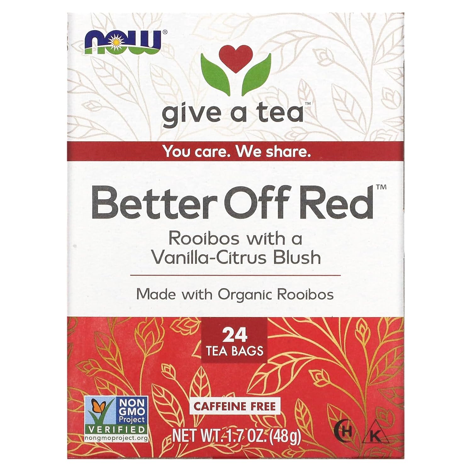 Now Foods Give A Tea™ Better Off Red™ Rooibos Tea With A Vanilla-Citrus Blush, Caffeine-Free, 24 Bags