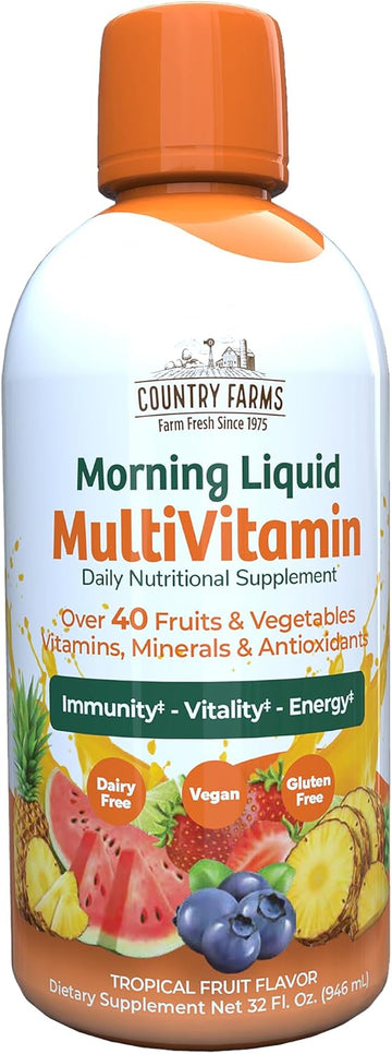 Country Farms Morning Liquid Multivitamin, Vitamins And Minerals For Immune Support And Energy, Vitamin B Complex Super, Herbal Blend, Vegan, Gluten Free, Dairy Free, Tropical Fruit Flavor, 32 Fl Oz