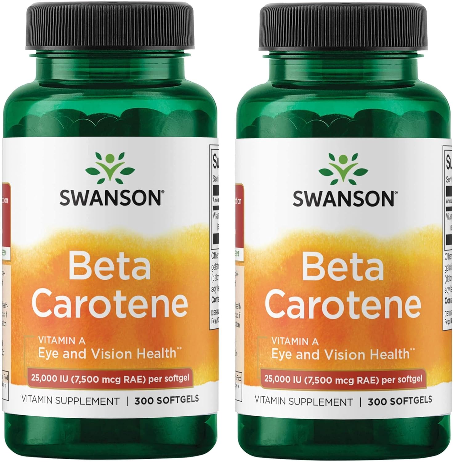 Swanson Beta-Carotene Vitamin A 25000 Iu Softgels - Skin, Eye, And Immune System Health - Antioxidant Support - 7500 Mcg (300 Softgels) (2 Pack)