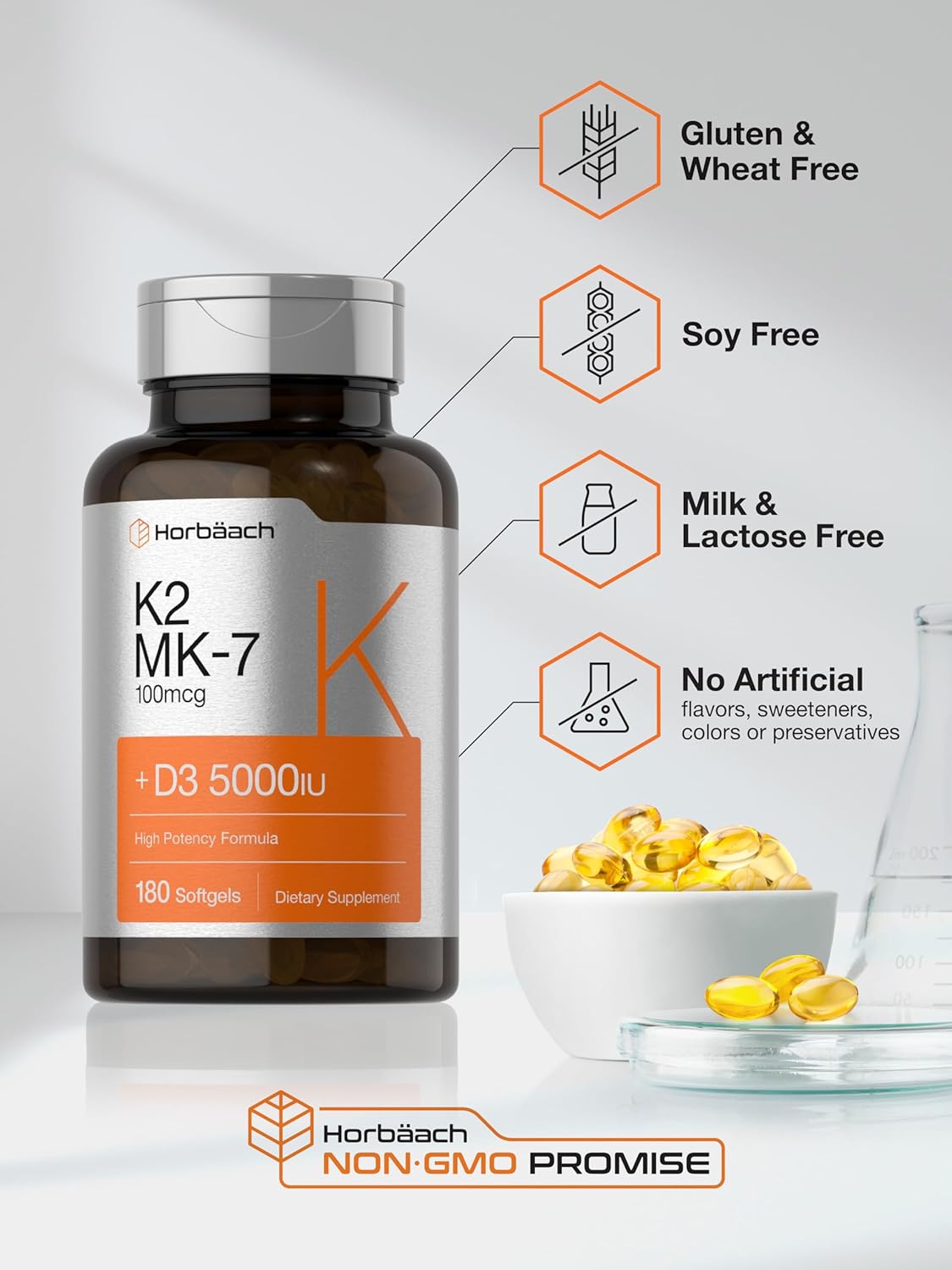 Horbäach Vitamin D3 K2 | 5000iu of Vitamin D & 100mcg MK-7 Complex | 180 Softgel Capsules | Non-GMO & Gluten Free Supplement : Health & Household