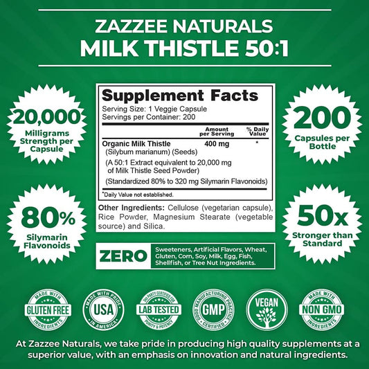 Zazzee Organic Milk Thistle 50:1 Extract, 20,000 Mg Strength, 200 Vegan Capsules, 80% Silymarin Flavonoids, Over 6 Month Supply, Standardized And Concentrated 50X Extract, All-Natural And Non-Gmo