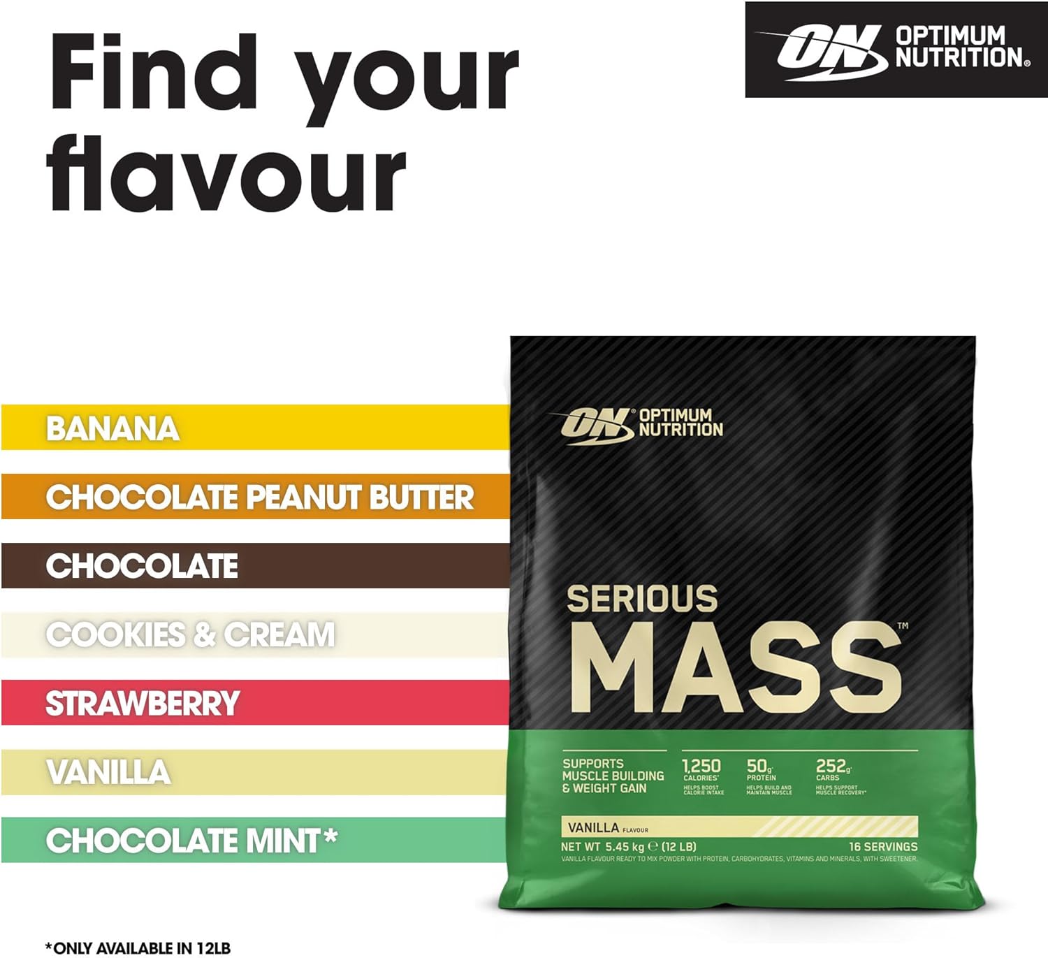 Optimum Nutrition Serious Mass Protein Powder with Creatine, Glutamine, 25 Vitamins and Minerals, Vanilla Flavour, 16 Servings, 5.45KG : Amazon.co.uk: Health & Personal Care