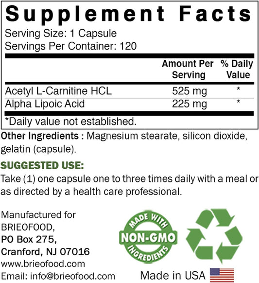 Brieofood Acetyl L-Carnitine Alpha Lipoic Acid (Ala Alc) 750 Mg 120 Capsules