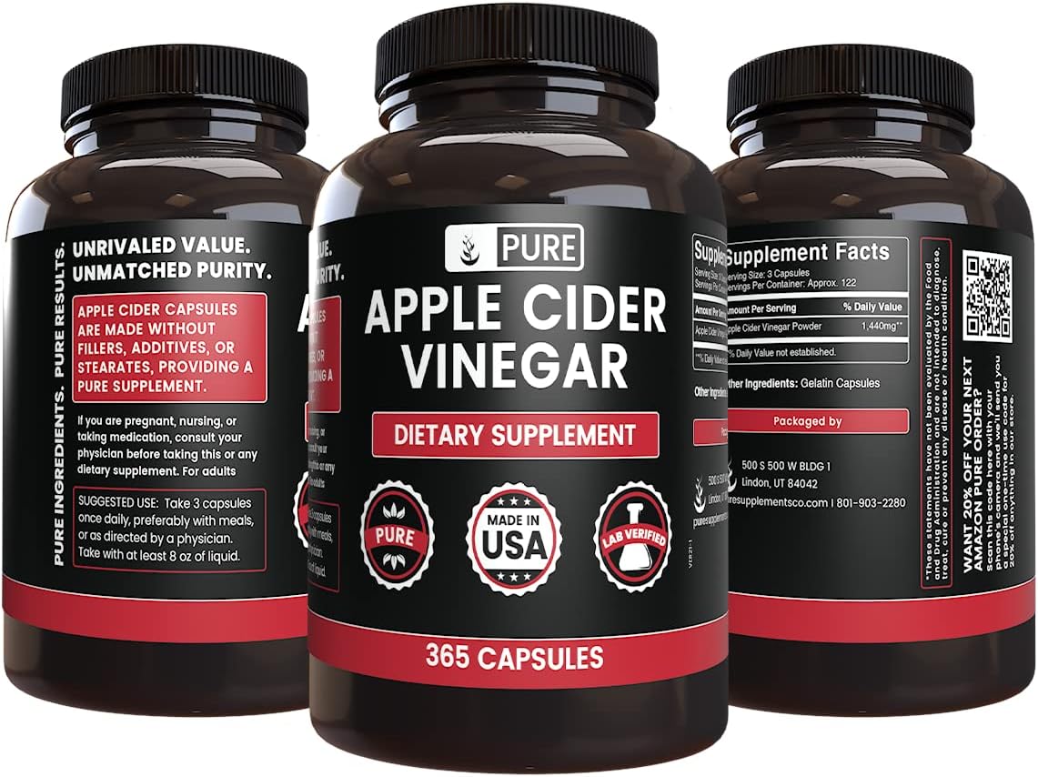 Pure Original Ingredients Apple Cider Vinegar (365 Capsules) No Magnesium Or Rice Fillers, Always Pure, Lab Verified : Grocery & Gourmet Food