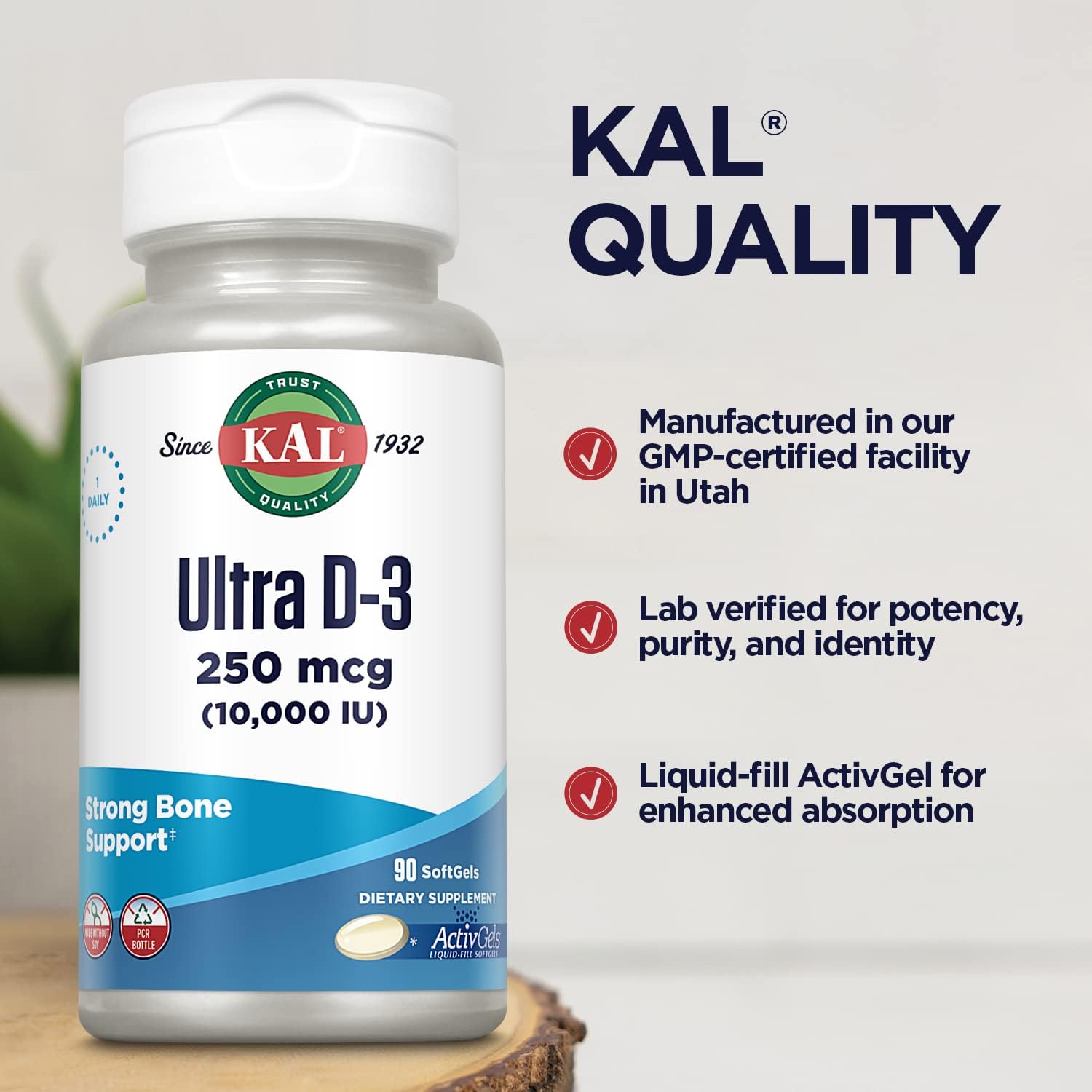 KAL Ultra Vitamin D3 10000 IU Softgels (250 mcg), High Potency Vitamin D, Calcium Absorption, Bone Health and Immune Support Supplement, Liquid Filled ActivGels, Made Without Soy, 90 Serv, 90 Softgels : Health & Household