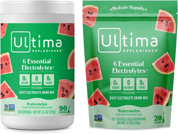 Ultima Replenisher Electrolyte Drink Mix Bundle – Watermelon, 90 Serving Canister & 20 Stickpacks – 6 Electrolytes & Minerals – Keto Friendly, Vegan, Non-Gmo & Sugar-Free Electrolyte Powder