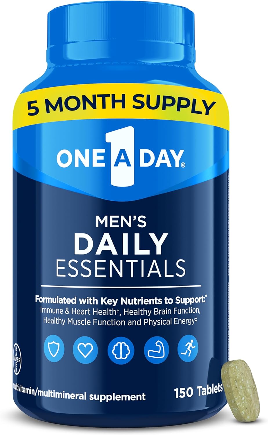 One A Day Men’S Multivitamin Daily Essentials, Multivitamin For Men Tablet, Supports Healthy Muscle Function, Physical Energy, And Immune Health With Vitamin B12, Vitamin C, And Zinc, 150 Count