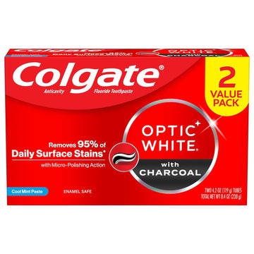 Colgate Optic White Charcoal Whitening Toothpaste, Cool Mint, Enamel-Safe with Fluoride, 2 Pack 4.2oz Tubes